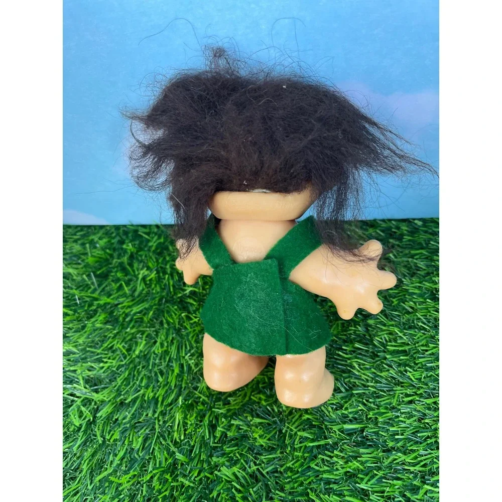 Vintage DAM Troll Doll Dark Brown Hair Green Felt Dress Amber Eyes Thomas Dam